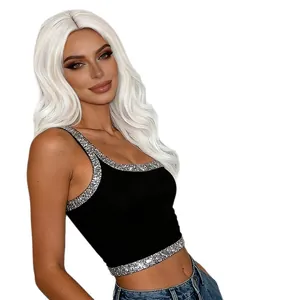 Women's black cropped top with silver rhinestone trim on the neckline and hem
