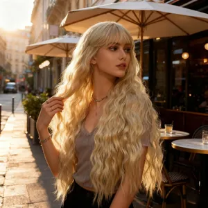 Detailed view of long lemon yellow wavy wig with bangs in warm outdoor sunlight