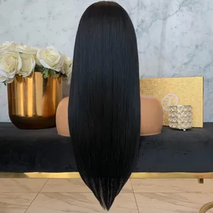 Long straight natural black synthetic wig for women with a sleek V-cut layered back view