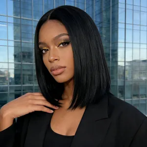 Classic black middle-part bob cut wig with straight shoulder-length synthetic hair for women