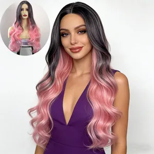 Perruque Longue Ondulée Femme Ombre Noir à Rose Fibre Synthétique Haute Température Perruque Bouclée Grandes Vagues Pour Fête
