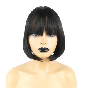 Classic black short Bob wig with flat bangs made of heat resistant synthetic fiber