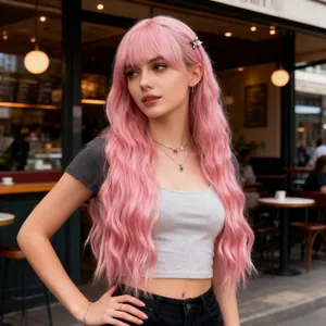 Close-up of pastel pink long wavy wig with flat bangs on model in outdoor setting