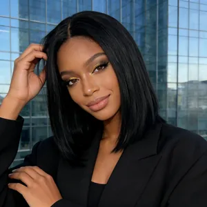 Short black center part bob wig for women with silky synthetic hair in a modern city setting