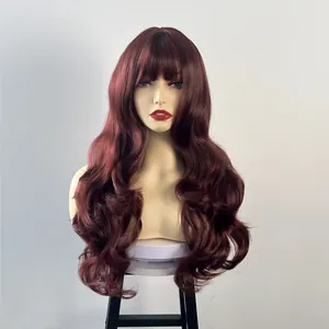 Front view of long wavy 99J burgundy wig with flat bangs on a mannequin head
