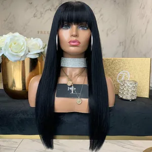 Detailed view of long black straight wig with bangs on a model head in a luxury setup