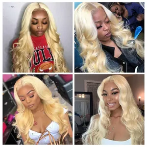 Long wavy light blonde center part synthetic wig for women shown in lifestyle settings