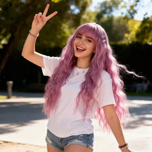 Outdoor shot of long lavender purple wavy wig with bangs on a model in bright light