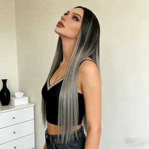 Detail of long ombre grey straight wig showing smooth gradient from dark roots to light ends