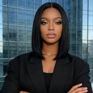 Classic center-parted black bob wig with straight shoulder-length synthetic hair