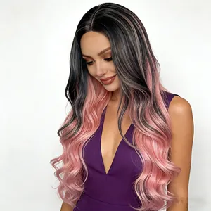Perruque longue ondulée ombrée pour femme dégradé noir à rose avec raie au milieu