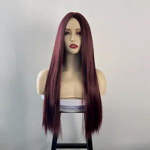 Detailed view of center-parted long straight synthetic hair in deep burgundy on model