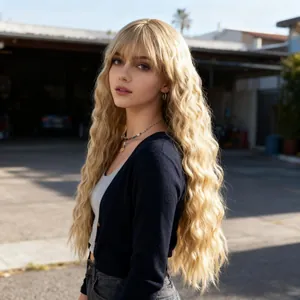 Long wavy lemon yellow wig with bangs featuring natural water ripple texture and volume
