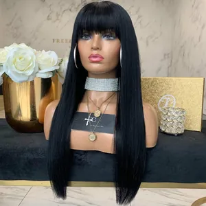 Detail of long straight black wig with bangs styled on mannequin with elegant accessories
