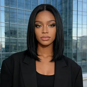 Detail of shoulder-length black straight bob wig with natural inner buckle and middle part