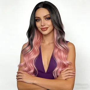Perruque synthétique longue bouclée pour femme avec dégradé de noir vers le rose