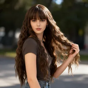 Outdoor close-up of long wavy dark brown wig with bangs showing soft natural texture