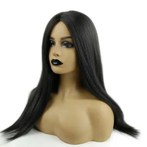 Detailed close-up showing texture and natural shine of long black Yaki straight synthetic wig