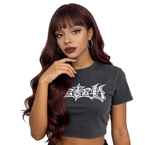 Long wavy burgundy wig with bangs featuring natural synthetic fibers in 99j wine red