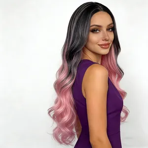 Perruque synthétique longue ondulée avec dégradé ombré noir et rose pour femme