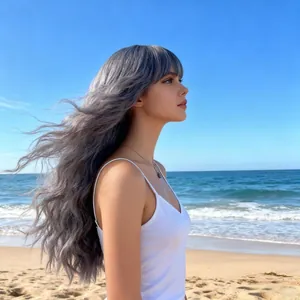 Side view of long wavy smoky grey wig with airy bangs against a sunny beach background