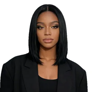 Short black straight bob wig for women with center part and shoulder-length hair