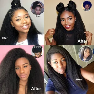 Detail view showing before and after volume transformation of Kinky Straight hair extensions