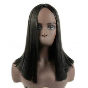 Front view of a long straight black synthetic wig with center part on a female mannequin