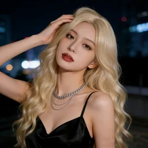 Detail of blonde long wavy wig with layered silver necklaces and silk dress