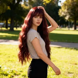 Detail of long wavy wine red wig with bangs shown in natural outdoor sunlight