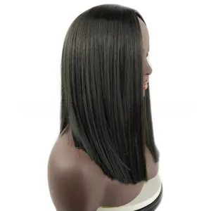 Detailed side view of smooth medium-length straight dark synthetic wig on a model head