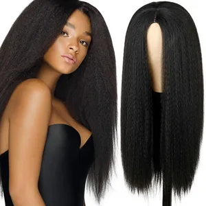 Detailed texture of 24-inch natural black Yaki straight synthetic hair wig for black women