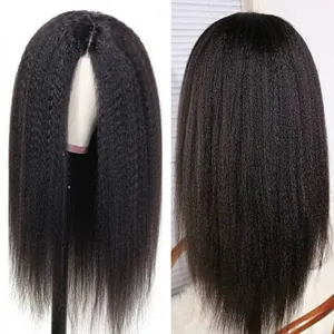 Long black Yaki straight synthetic wig with voluminous crimped texture and middle part style