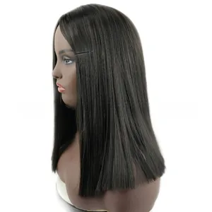 Side view of medium-length black straight synthetic wig on a mannequin head