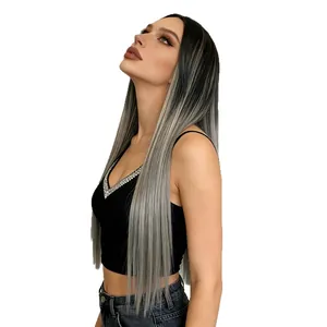 Long straight ombre synthetic wig with black roots to silver gray fade for women