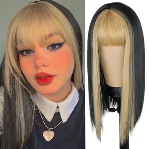 Perruque Longue Lisse Pour Femmes Avec Frange Blonde Money Piece Fibre Synthétique Résistante à la Chaleur Bicolore Noir Blond