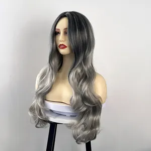 Close-up of long wavy ombre wig showing transition from dark black to silver grey hair
