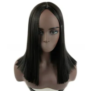 Detailed view of long straight black synthetic wig with center part on model