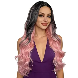Perruque longue ondulée pour femme avec dégradé noir à rose et boucles larges