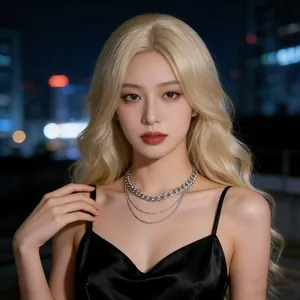Chic layered silver chain necklace worn by a blonde model against an urban night backdrop