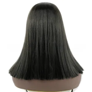 Back view of smooth medium-length black straight synthetic wig on a model head