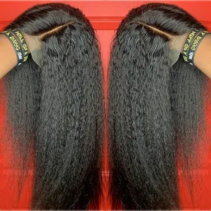 Close-up of black Kinky Straight lace front wig with natural scalp parting detail