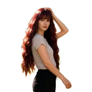 Long wavy burgundy wig with bangs, high-quality synthetic hair for women's daily wear