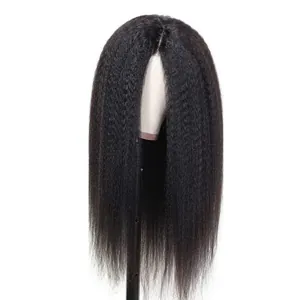 Long black Yaki straight synthetic wig with kinky texture on white mannequin head