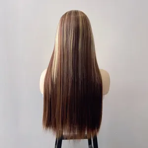 Rear view of long straight brown wig with light blonde highlights on a mannequin