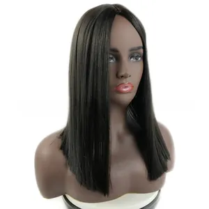 Detail of smooth black straight synthetic hair wig texture on a model head display