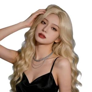 Long wavy blonde hair wig with natural middle part shown on a model in black silk top