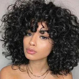 Women Short Kinky Curly Afro Wig High Temperature Fiber Machine Made Black Synthetic Hair For Daily Party Use