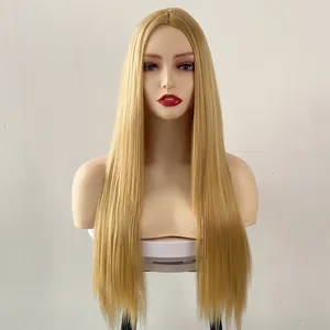 Detail of long straight blonde synthetic wig with middle part on a model mannequin