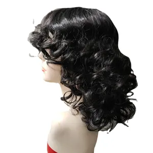 Mid-length black curly afro wig with voluminous waves on a female mannequin head